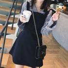Long-sleeve Open-collar Striped Shirt / Mini A-line Overall Dress