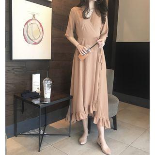 Elbow-sleeve Ruffle Trim Midi Dress