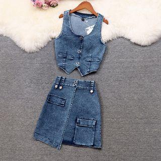 Set: Denim Vest + Asymmetrical Mini Skirt