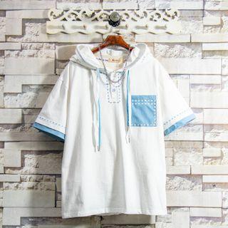 Mock Two-piece Short-sleeve Henley Hoodie