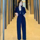 Short-sleeve Crop Blazer / Spaghetti Strap Jumpsuit
