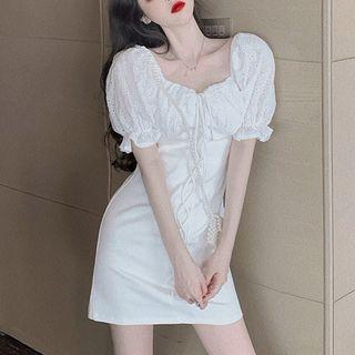 Puff-sleeve Floral Embroidered Lace-up A-line Dress