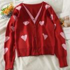 Heart-print Mock Two-piece Loose Cardigan Red - One Size