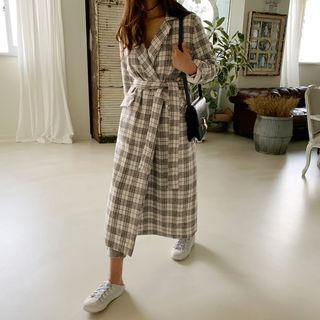 Woolen Plaid Wrap Coat & Sash Light Beige - One Size