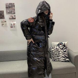 Patent Padded Zip-up Hooded Long Coat