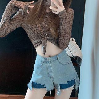 Leopard Print Blouse / Two-tone Panel Denim Hot Pants