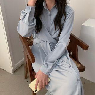 Long-sleeve Twist-front Midi A-line Shirtdress