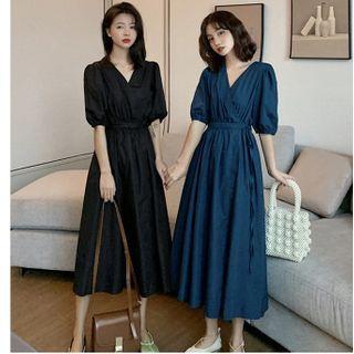 Puff-sleeve V-neck Tie-waist Midi A-line Dress
