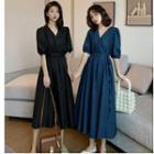 Puff-sleeve V-neck Tie-waist Midi A-line Dress