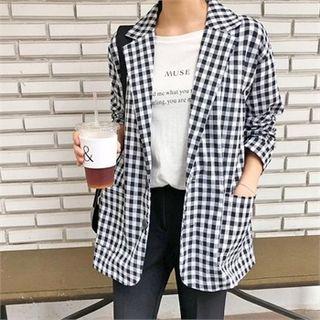 Gingham Check Linen Blend Blazer Black - One Size
