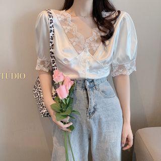 Balloon-sleeve Lace Trim Silky Blouse White - One Size