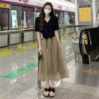 Short-sleeve Frog-button Top / Midi A-line Skirt