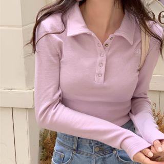 Long-sleeve Letter Embroidered Collared Cropped T-shirt
