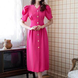 Puff-sleeve Button-up V-neck A-line Midi Dress