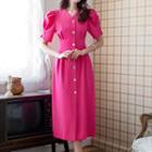 Puff-sleeve Button-up V-neck A-line Midi Dress