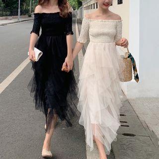 Off-shoulder Short Sleeve Asymmetric Mesh Panel Maxi Dress