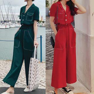 Short-sleeve Stitch Trim Wide-leg Jumpsuit