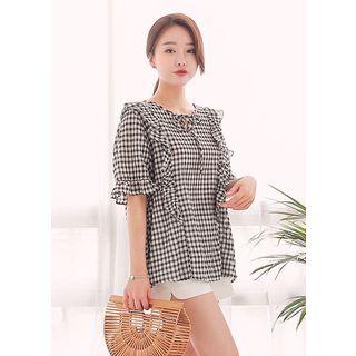 Elbow-sleeve Tie-front Frilled Check Top