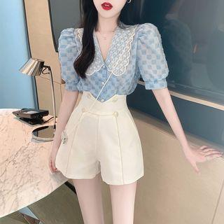 Puff-sleeve Checker Print Blouse / High Waist Shorts