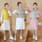 Set: Long-sleeve Split Hem T-shirt Dress + Sleeveless Hoodie