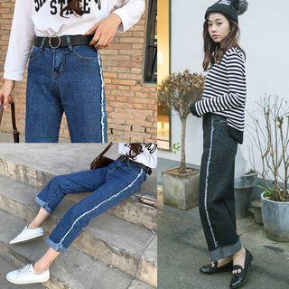 Frayed Trim Washed Wide Leg Jeans