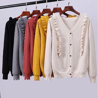 V Neck Single Breasted Ruffles Cardigan