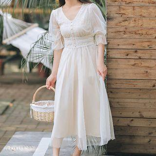Puff-sleeve Lace A-line Midi Dress