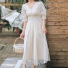 Puff-sleeve Lace A-line Midi Dress