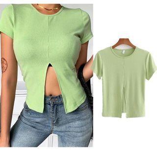 Short Sleeve Slit Plain Crop Top