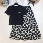 Set: Lettering Short-sleeve T-shirt + Heart Print Midi A-line Skirt
