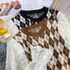 Lace-sleeve Argyle Knit Top