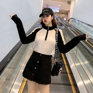 Set: Long-sleeve Mock-neck Top + Denim Skorts