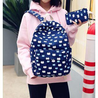 Set Of 2: Cat Print Backpack + Zip Pouch
