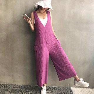 Plunge-neck Accordion-pleat Jumper Pants