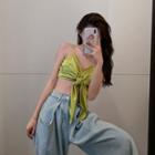 Spaghetti Strap Knotted Satin Cropped Top Green - One Size