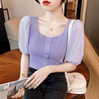 Puff-sleeve Ribbed Knit Panel Blouse