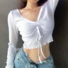 Long-sleeve V-neck Ruched Front Crop Top