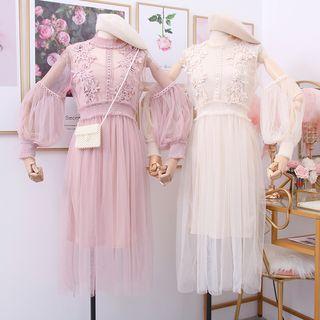 Embroidered Stand-collar Mesh Dress With Camisole