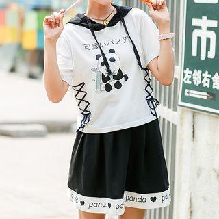 Set: Panda Print Short Sleeve Hoodie + Lettering A-line Skirt