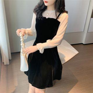 Two-tone Bell-sleeve Mini A-line Dress