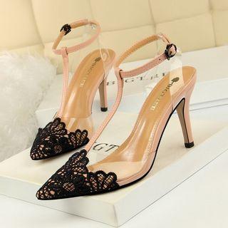 Lace Panel Pointed Ankle Strap High Heel Sandals