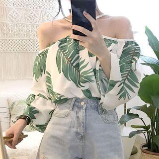 3/4-sleeve Off Shoulder Leaf Print Top