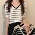 Short Sleeve Lace Trim Stripe Knit Top
