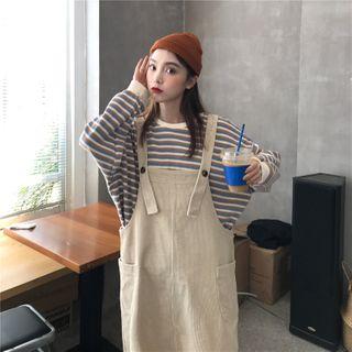 Striped Long-sleeve T-shirt / Corduroy Midi Pinafore Dress