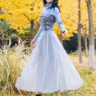 Set: Long-sleeve Turtleneck Knit Top + Spaghetti Strap Plaid Midi A-line Dress