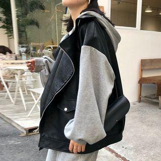 Faux Leather Paneled Hooded Biker Jacket