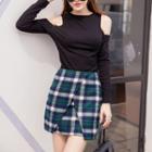 Set: Plain Cut Out Shoulder Long Sleeve Top + Plaid Mini Skirt