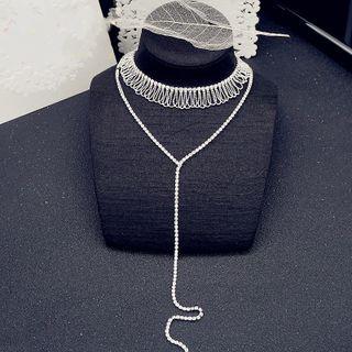 Rhinestone Fringed Layered Choker Silver - One Size