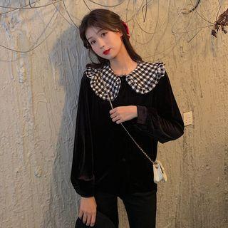 Doll Collarvelvet Long-sleeved Shirt As Shown In Figure - One Size