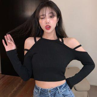 Long-sleeve Cold Shoulder Halter Neck Crop Top